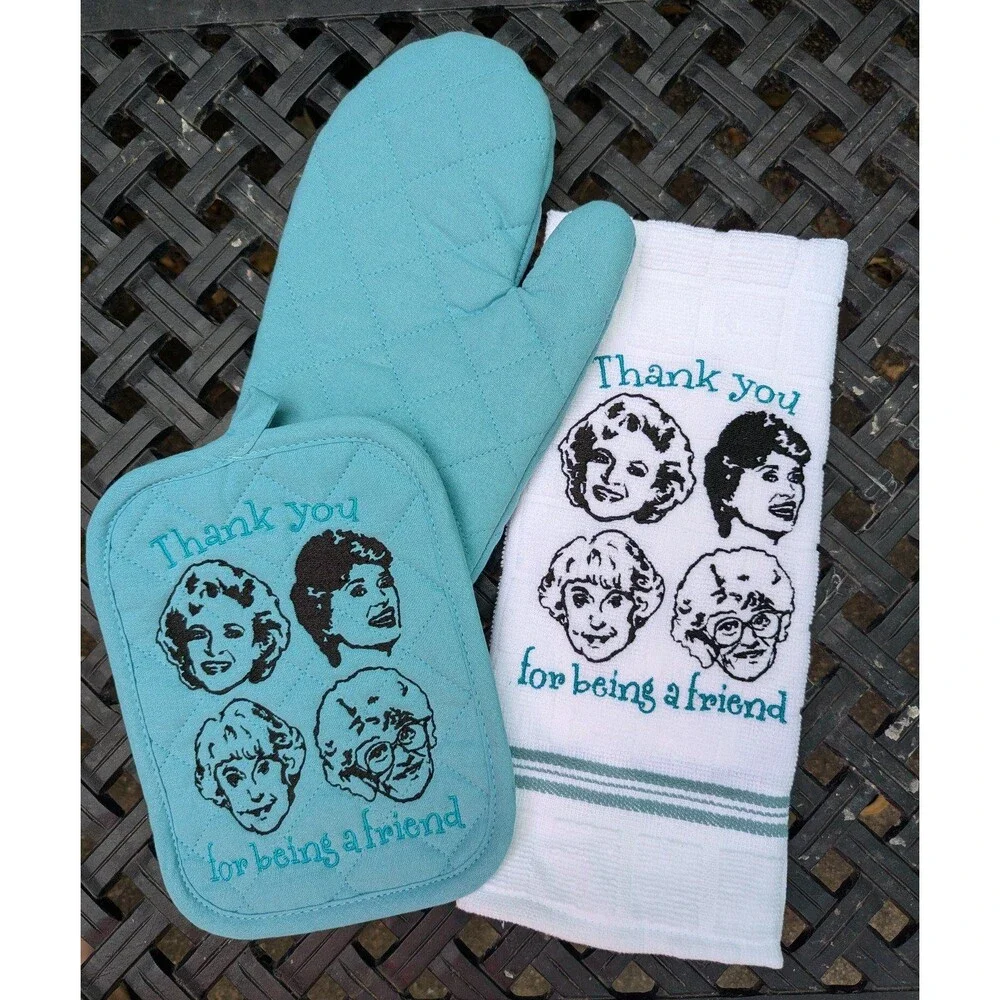 Golden girls embroidered kitchen set. Hot pad/ trivet kitchen towel, oven mitt